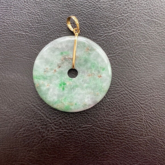 14K Solid Yellow Gold Round Large Donut Natural Jade Pendant Charm Green