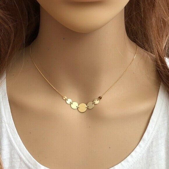 14K Solid Yellow Gold Graduated Disc Disk Necklace Adjustable 16" - 18"
