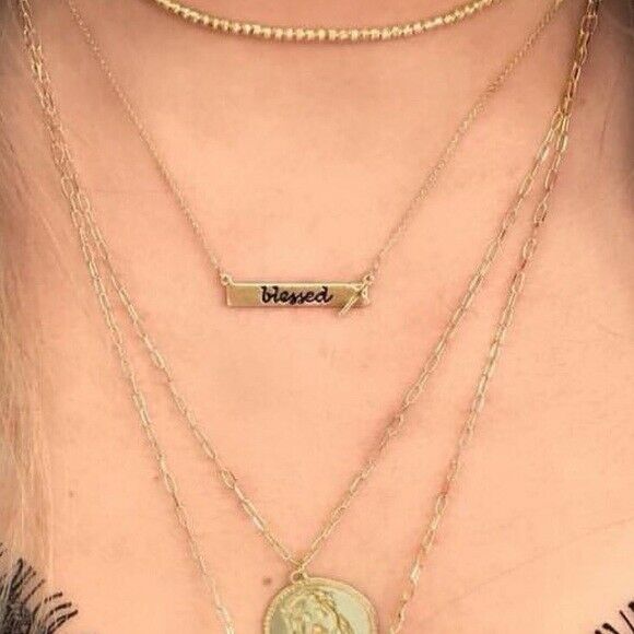 14K Solid Yellow Gold Engrave Blessed Bar Cross Adjustable Necklace 16"-18"