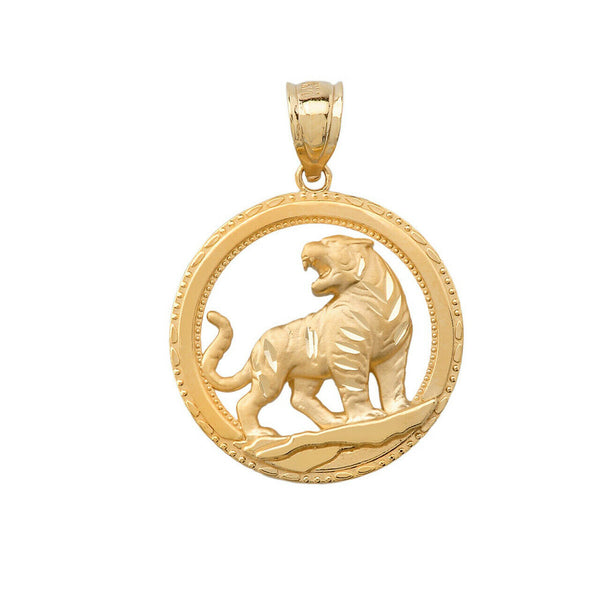 10K Solid Gold Roaring Tiger Diamond Cut Pendant Necklace