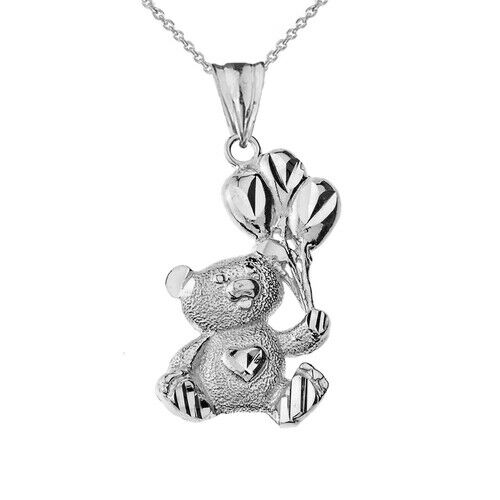 10K Solid Gold Teddy Bear with Balloon Pendant Necklace -Yellow, Rose, or White