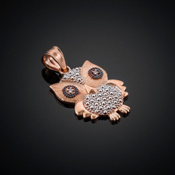 14K Solid Gold Owl Diamonds Pendant Necklace - Yellow, Rose, or White