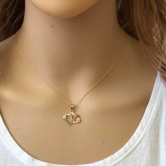 14K Solid Gold Double Heart Flower Pendant Dainty Necklace -Minimalist 16"-18"