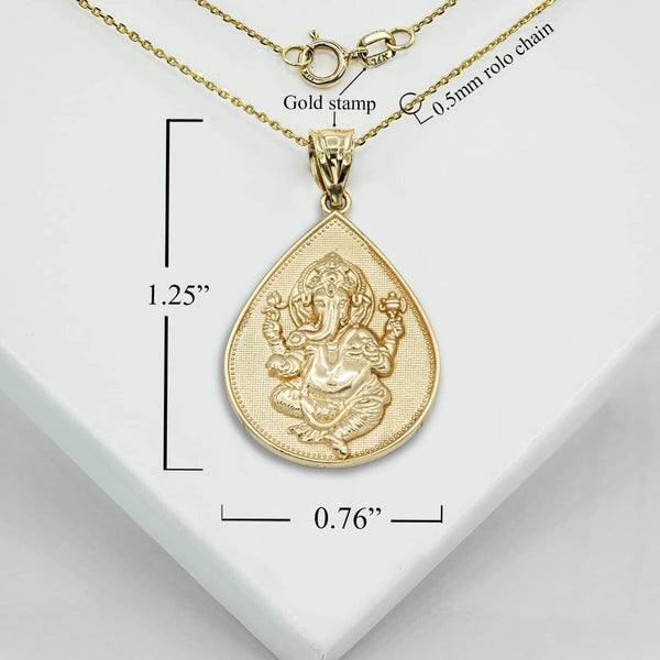 10K Solid Gold Hindu Lord Ganesha Pendant Necklace - Yellow, Rose, or White Gold