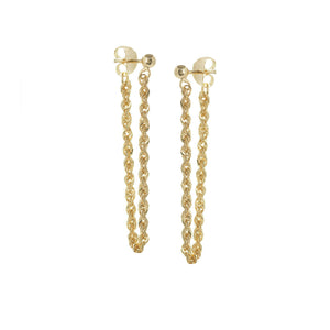14K Solid Yellow Gold Fancy Twist Rope Chain Dangle Drop Post Earrings -