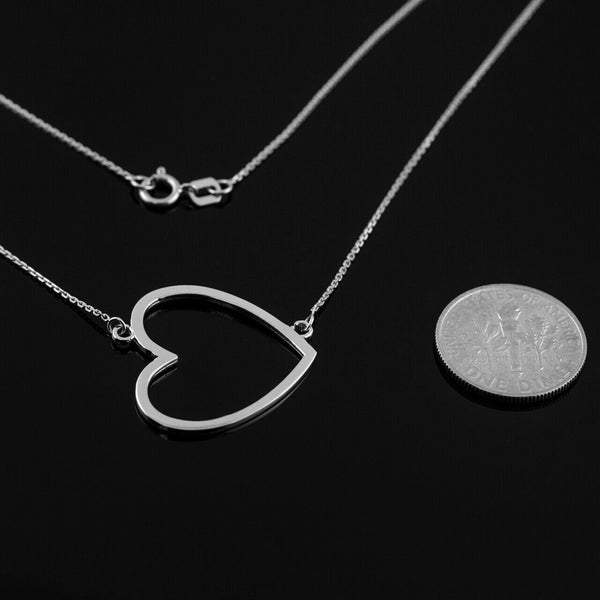14K Solid White Gold Dainty Sideways Open Heart Necklace Valentine's Day Love