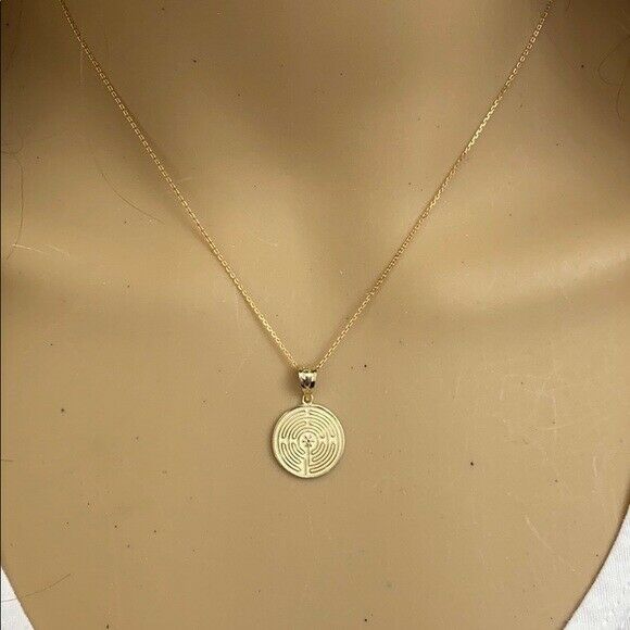 Solid 14k Rose Gold Maze Chartres Labyrinth Disc Medallion Pendant Necklace