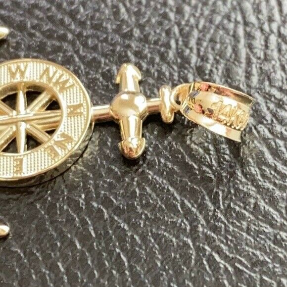 14K Solid Yellow Gold Mariner's Anchor Compass Pendant Necklace