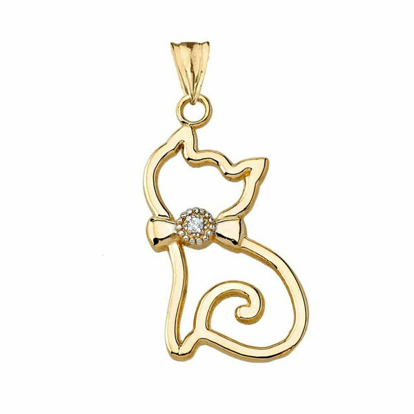 Solid 10k Yellow Gold Openwork Diamond Cat Pendant Necklace