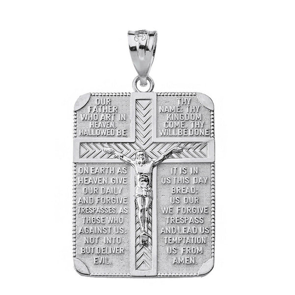 Sterling Silver The Lord's Our Father Crucifix Rectangle Cross Pendant Necklace