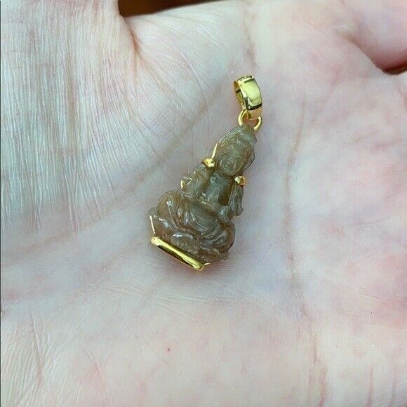 14K Solid Gold Genuine Kwan Yin Buddha Natural Red Jade Pendant -Small Kid Size