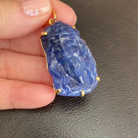 14K Real Solid Gold Carving Jesus Sodalite Christ Head Pendant Charm