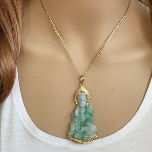 14K Solid Gold Natural Jadeite Jade Guanyin Kwan Yin Female Buddha Pendant Large