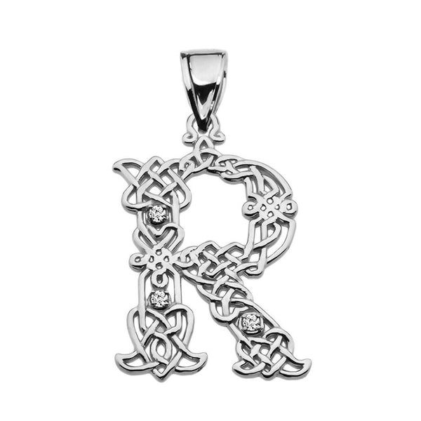 Sterling Silver CZ Celtic Knot Pattern Initial Letter R Pendant Charm Necklace