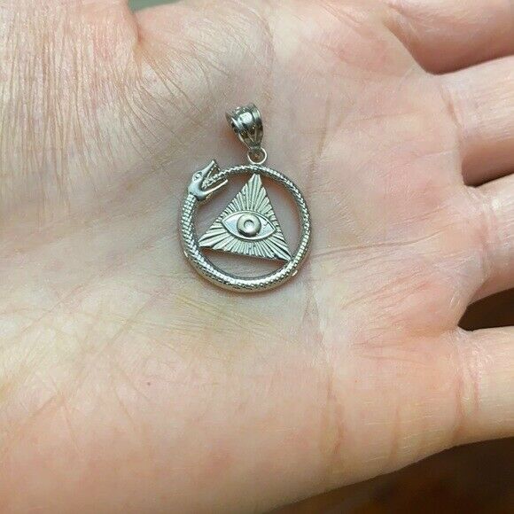 10K Solid Yellow Gold 3D Pyramid Eye of Horus Ouroboros Pendant Necklace