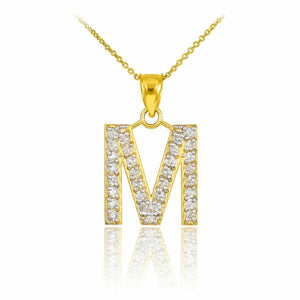 10k Solid Yellow Gold Diamond Monogram Initial Letter M Pendant Necklace