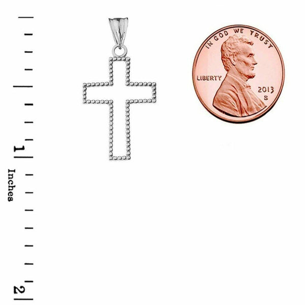 10k or 14k Solid Gold Two Sided Beaded Open Cross 1.2" Pendant Necklace