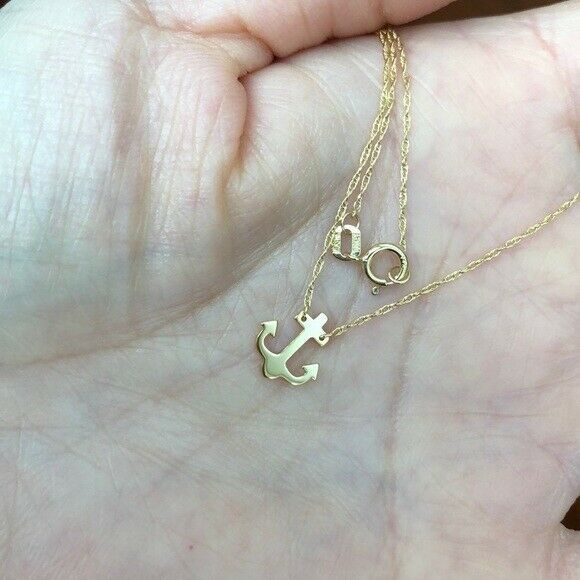 14K Solid Gold Mini Anchor Dainty Necklace -Minimalist Yellow 16"-18" Adjust