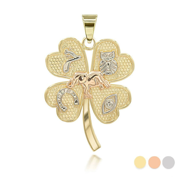 14K Solid Gold Tri-Tone Four Leaf Clover Good Luck Charm Pendant Necklace