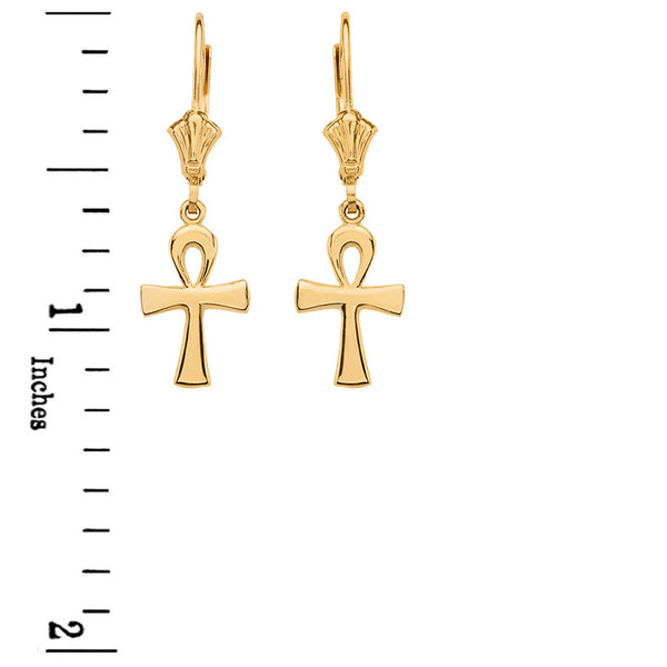 10k Yellow Gold Ancient Egyptian Ankh Cross Drop / Dangle Leverback Earrings