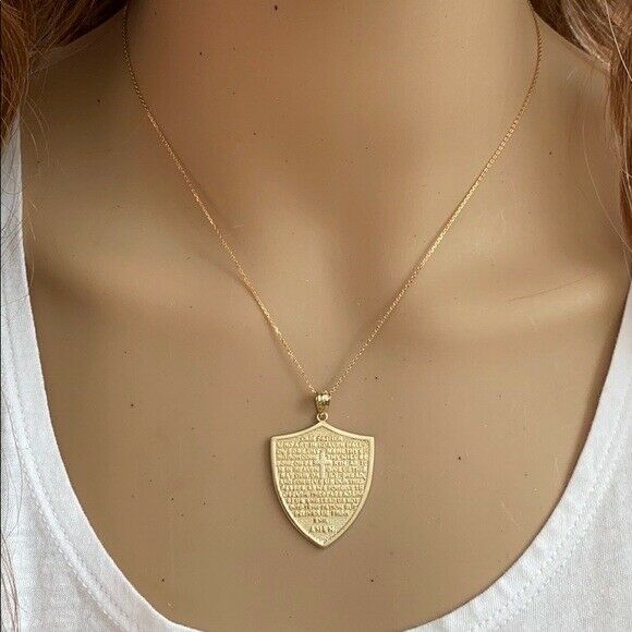 14k Solid Rose Gold The Lord’s Prayer Shield Medallion Pendant Necklace