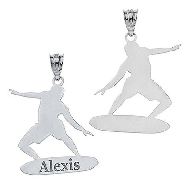Personalized Silver Surfer Longboard Pendant Necklace Engravable Your Name