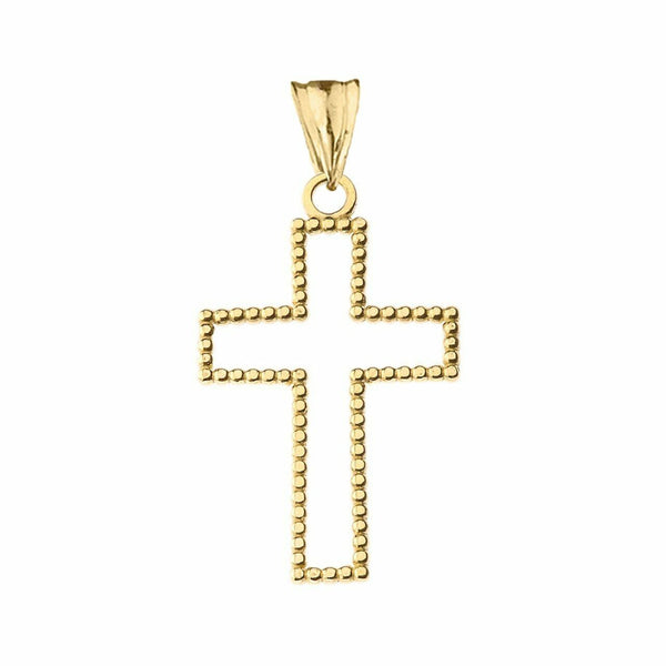 10k or 14k Solid Gold Two Sided Beaded Open Cross 1.2" Pendant Necklace