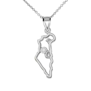 .925 Sterling Silver CZ Israel Map Outline Openwork Pendant Necklace