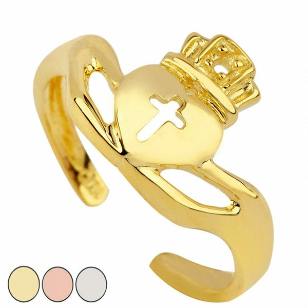 14K Solid Gold Classic Claddagh Heart Crown Cross Toe Ring - Yellow, Rose, White