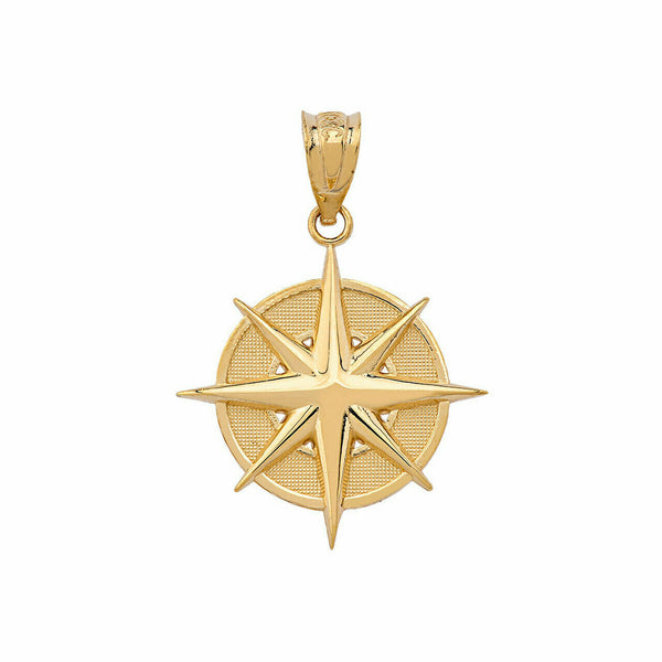 10K Solid Yellow Gold Nautical Compass Pendant Necklace