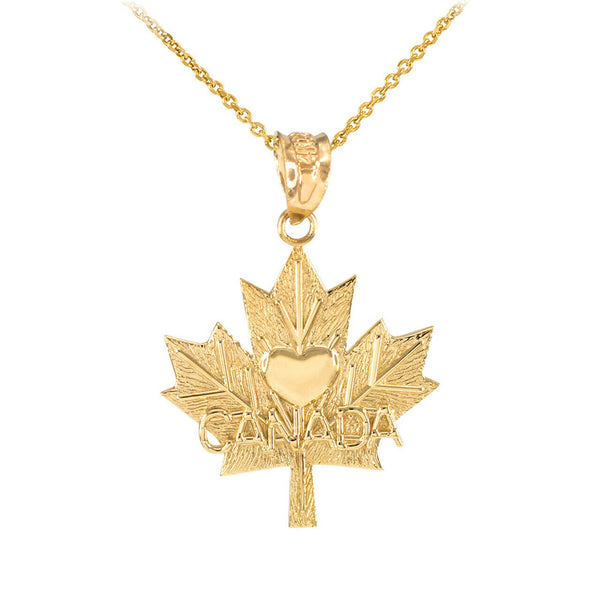 14K Solid Yellow Gold Maple Leaf CANADA Love Heart Pendant Necklace