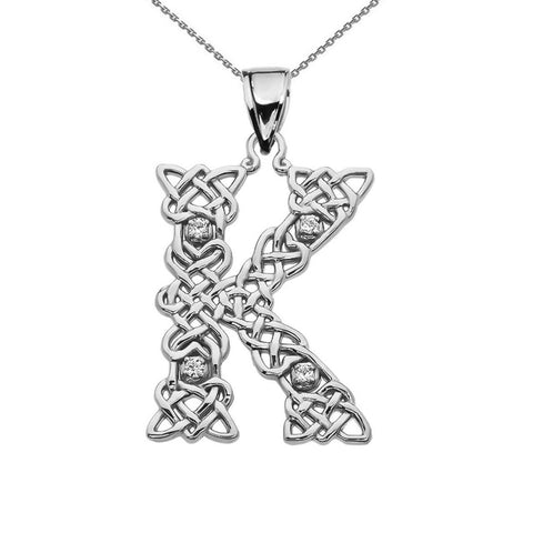 Sterling Silver CZ Celtic Knot Pattern Initial Letter K Pendant Charm Necklace