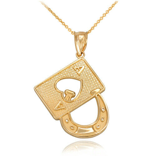 10k Yellow Gold Lucky Poker Ace Card Horseshoe Casino Gambling Pendant Necklace