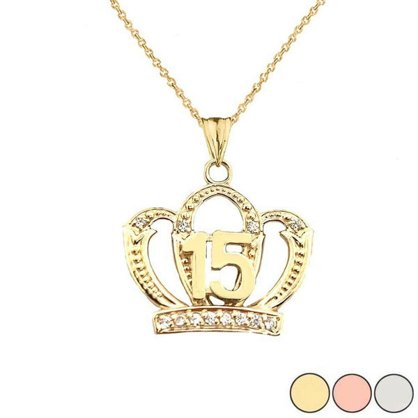 10k Solid Gold Quinceanera Sweet 15 Anos Princess Crown Pendant Necklace