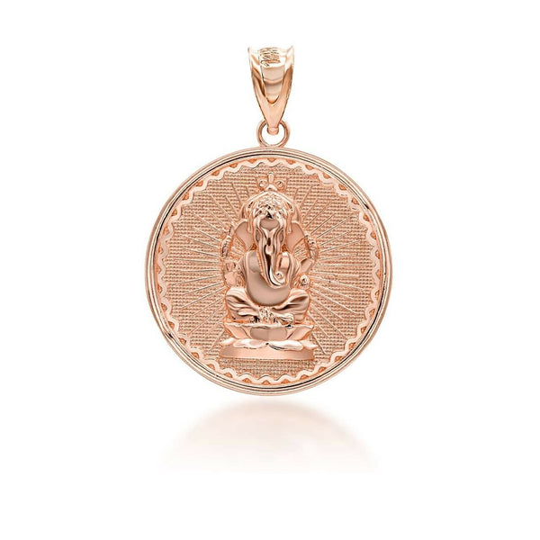 14K Solid Gold Lord Ganesha Hindu Coin Pendant Necklace -Yellow, Rose, or White