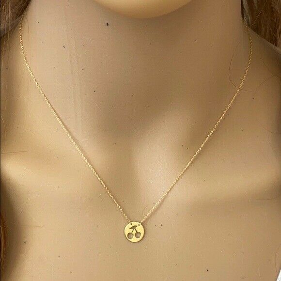 14K Solid Yellow Gold Mini Disk Disc Cut Out Cherry Dainty Necklace -Minimalist