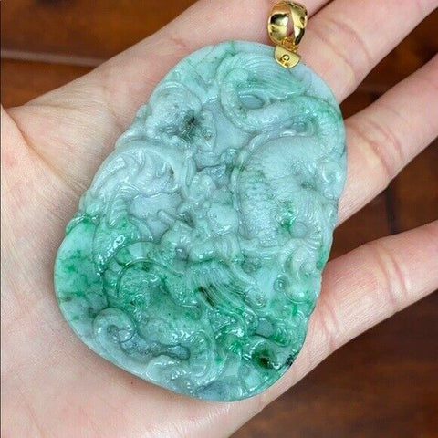 14K Solid Gold Carved Dragon Phoenix Green Natural Jadeite Jade Pendant Heavy