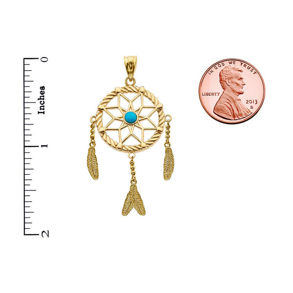 10k Solid Yellow Gold Turquoise Flower Dream Catcher Pendant Necklace