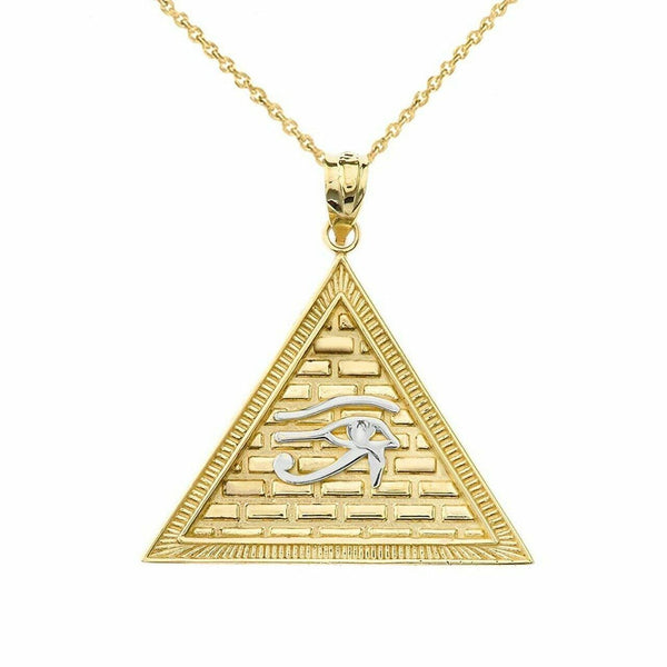 14k Solid Gold Eye Of Horus Pyramid Pendant Necklace In Two Tone Yellow/ White