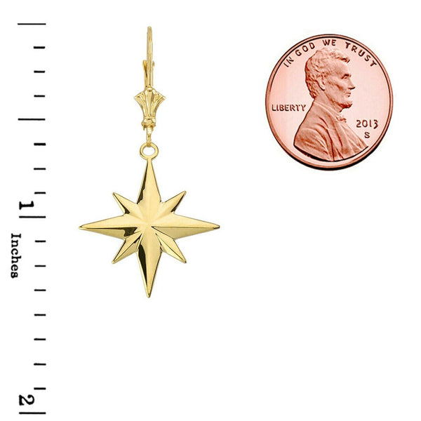 10k Real Yellow Gold North Star Leverback Earrings