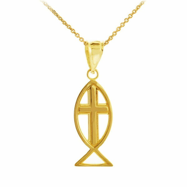 10k Solid Gold Jesus God Cross Charm Ichthus Christian Fish Pendant Necklace