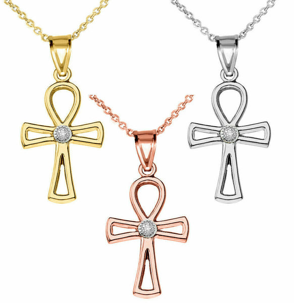 10k 14k Solid Gold Diamond Ancient Egyptian Ankh Cross Openwork Pendant Necklace