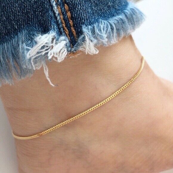 14K Solid Gold Simple Chain Ankle Bracelet Anklet -Yellow 9"-10" Adjustable