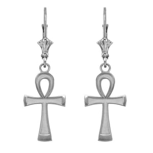 14k Solid White Gold Ancient Egyptian Ankh Cross Drop /Dangle Leverback Earrings