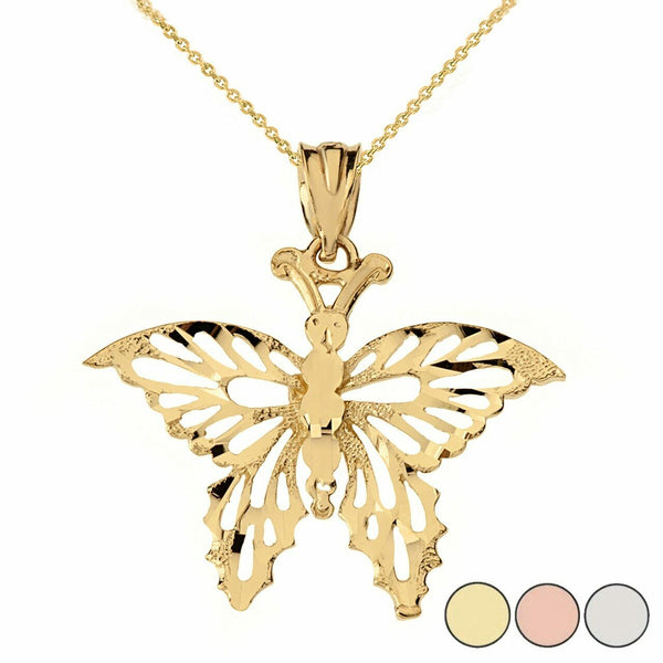 10k 14k Solid Gold Filigree Diamond Cut Butterfly Charm Pendant Necklace