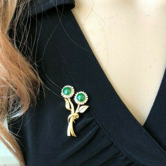 NWT 14K Solid Yellow Gold Flower Roound Green Jade Brooch Pin