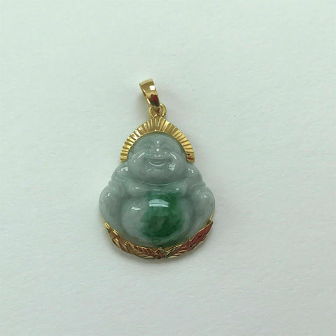 14K Solid Gold Happy Laughing Buddha Natural Green Jade Religious Pendant -P482