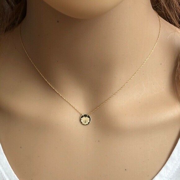 14K Solid Gold Mini Disk Etched Shell Dainty Necklace - Minimalist