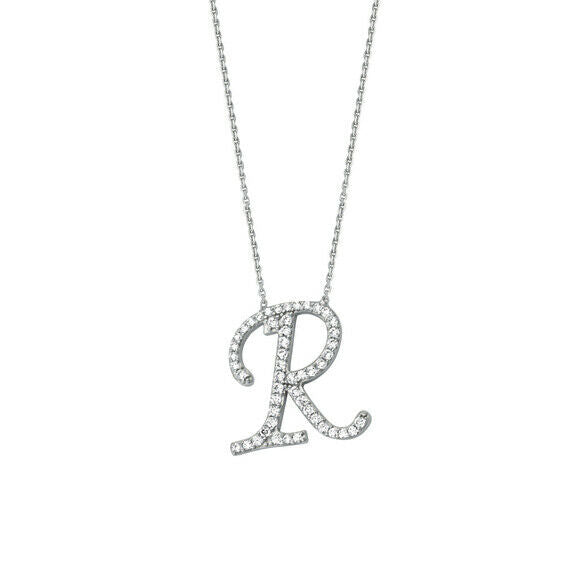 925 Sterling Silver CZ Initial Letter R Necklace Adjustable 16"-18" All Letter