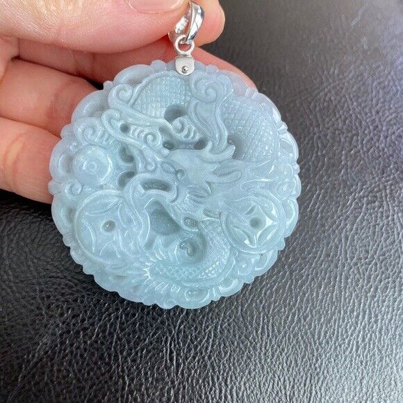925 Sterling Silver Carving Jade Dragon Large Pendant Necklace